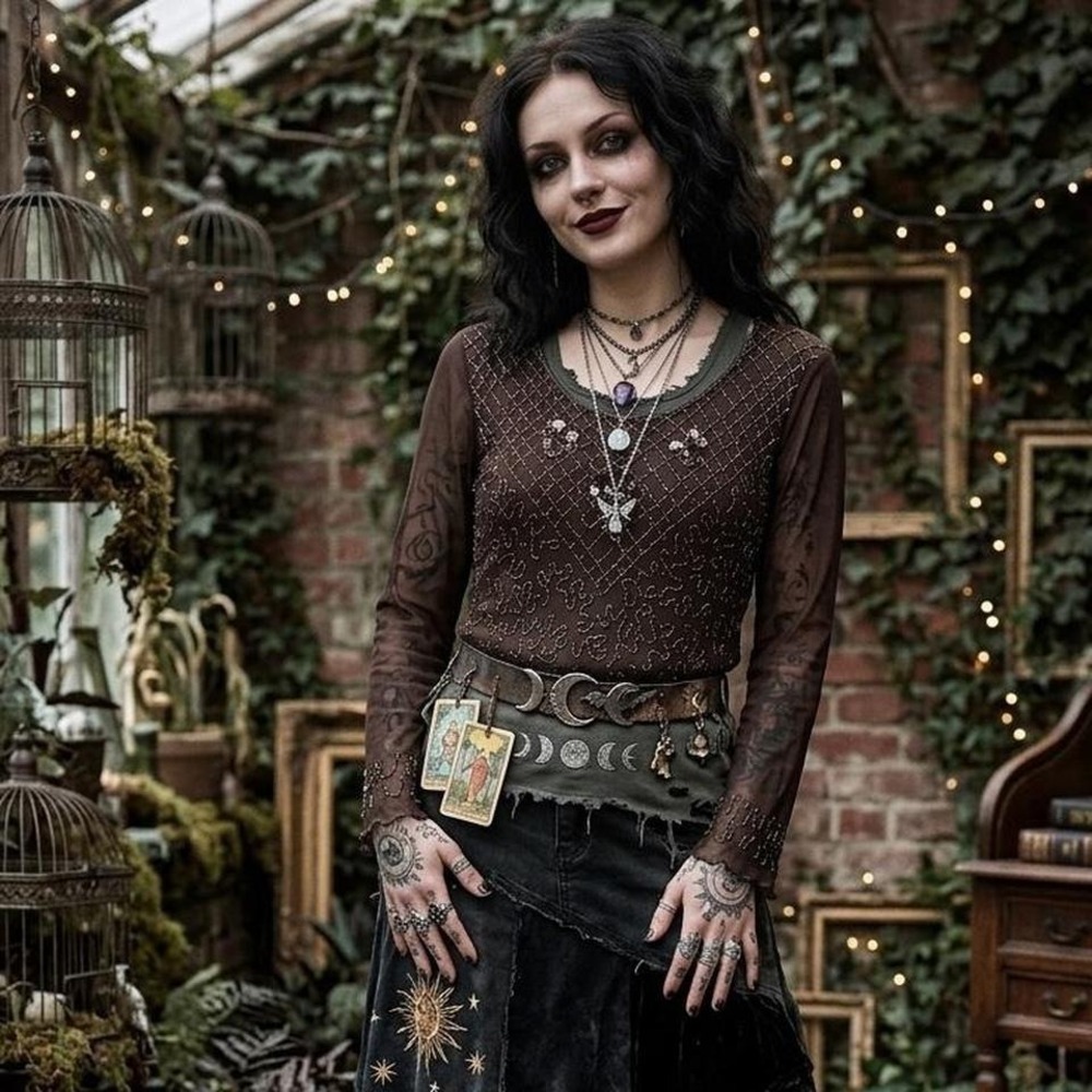 VTG 90s Y2K Wangli Brown Mesh Beaded Top – Whimsigoth Fairy Grunge (XXL)